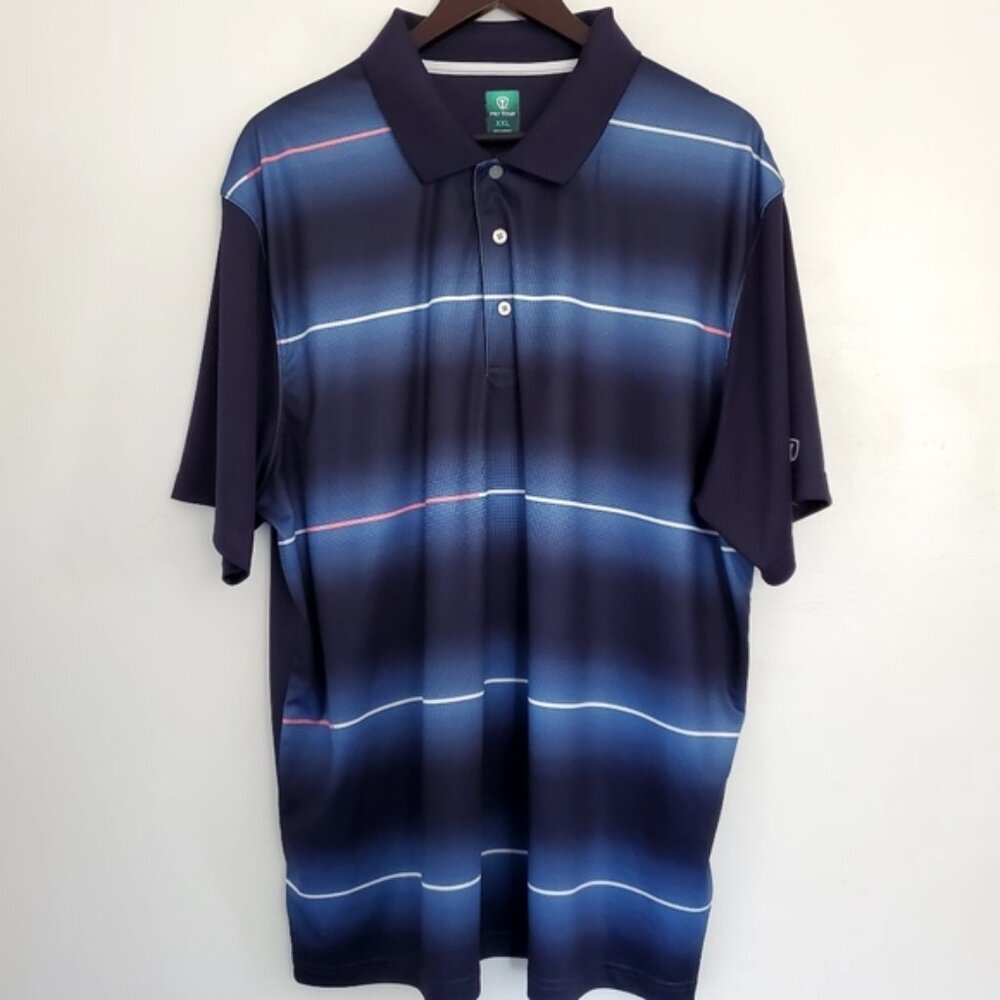 Pro Tour Men's XXL Golf  Polo Blue Stripe Pullover 3 Button-down Collar  Shirt